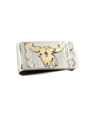 Certified Authentic 12kt Gold Filled and .925 Sterling Silver Bull Skull Handmade Navajo Native American Money Clip 11265