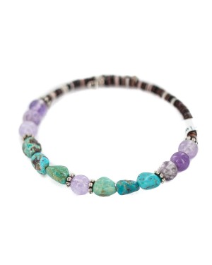 Certified Authentic Navajo Natural Turquoise Amethyst Heishi Native American Adjustable Wrap Bracelet 13110