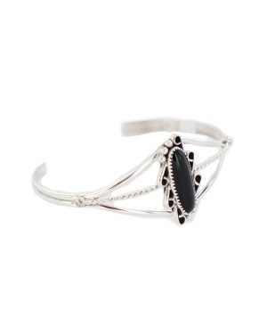 Oval Handmade Navajo Certified Authentic .925 Sterling Silver Natural Black Onyx Native American Bracelet 13108-3