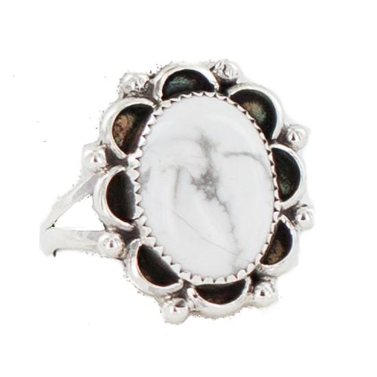 Sun Navajo Certified Authentic .925 Sterling Silver Handmade White Howlite Native American Ring 13115-5