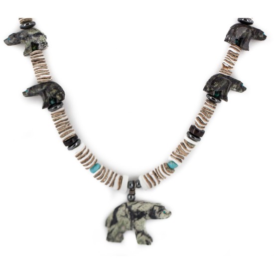 Bear Certified Authentic Navajo .925 Sterling Silver Natural Hematite Graduated Heishi Turquoise Jasper Native American Necklace 16049-2