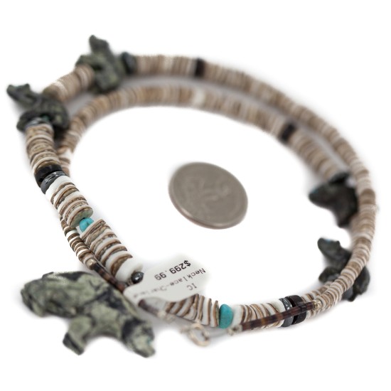 Bear Certified Authentic Navajo .925 Sterling Silver Natural Hematite Graduated Heishi Turquoise Jasper Native American Necklace 16049-2