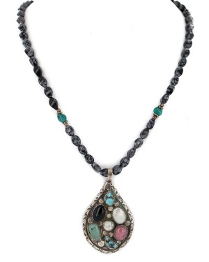 .925 Sterling Silver Handmade Certified Authentic Navajo Natural Turquoise Snowflake Obsidian Black Onyx Mother of Pearl Charoite Native American Necklace 16048-16037-5