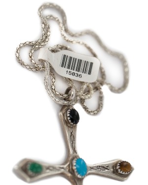 .925 Sterling Silver Handmade Cross Certified Authentic Signed Navajo Coral Natural Turquoise Tigers Eye Black Onyx Malachite Native American Necklace 15836