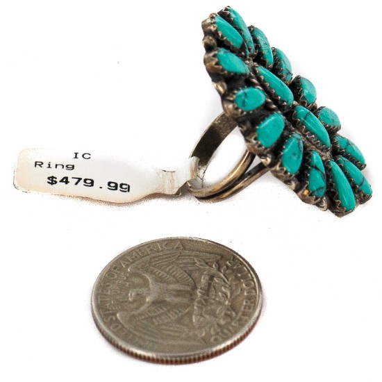 Zuni .925 Sterling Silver Certified Authentic Handmade Signed Petit Point Natural Turquoise Native American Ring 16696