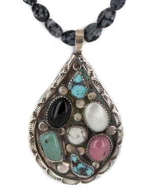 .925 Sterling Silver Handmade Certified Authentic Navajo Natural Turquoise Snowflake Obsidian Black Onyx Mother of Pearl Charoite Native American Necklace 16048-16037-5