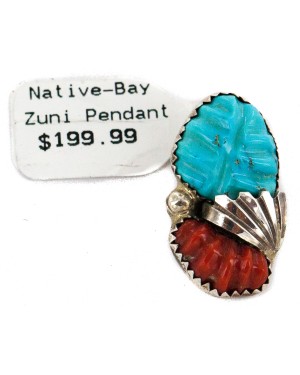 .925 Sterling Silver Certified Authentic Zuni Signed Coral Natural Turquoise Native American Pendant 24484