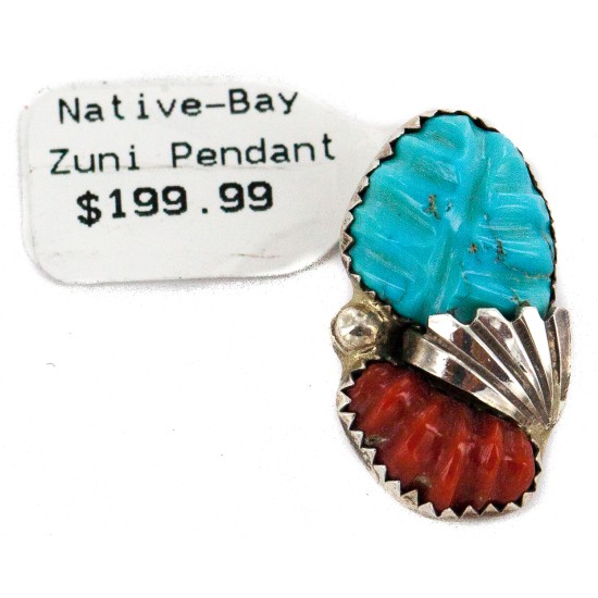 .925 Sterling Silver Certified Authentic Zuni Signed Coral Natural Turquoise Native American Pendant 24484
