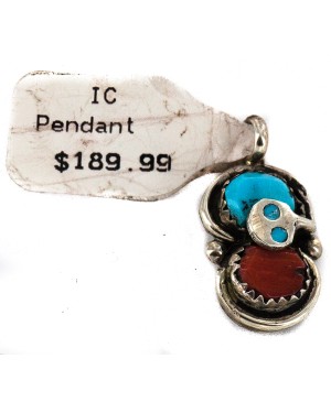 .925 Sterling Silver Snake Certified Authentic Zuni Coral Natural Turquoise Native American Pendant 14922-1