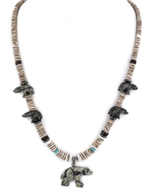 Bear Certified Authentic Navajo .925 Sterling Silver Natural Hematite Graduated Heishi Turquoise Jasper Native American Necklace 16049-2