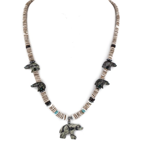 Bear Certified Authentic Navajo .925 Sterling Silver Natural Hematite Graduated Heishi Turquoise Jasper Native American Necklace 16049-2
