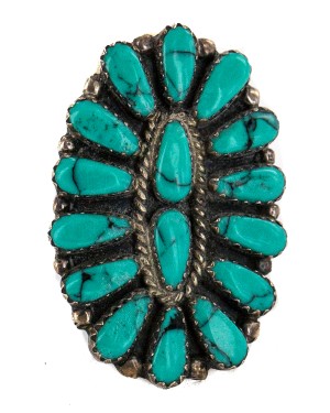 Zuni .925 Sterling Silver Certified Authentic Handmade Signed Petit Point Natural Turquoise Native American Ring 16696