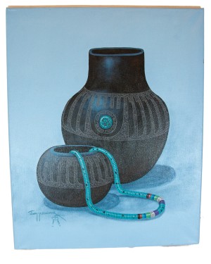 $300 Navajo Pottery Blue Painted by Certified Authentic Acrylic Native American Painting  10784