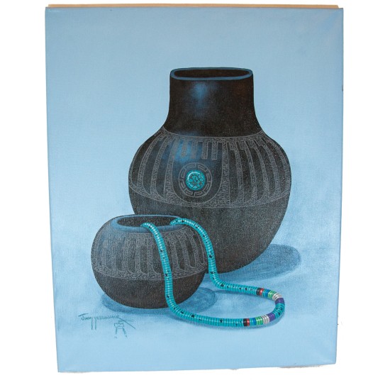 $300 Navajo Pottery Blue Painted by Certified Authentic Acrylic Native American Painting  10784
