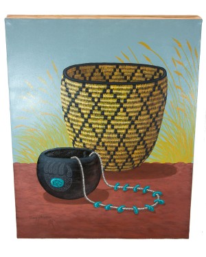 $350 Navajo Certified Authentic Basket Painted by Acrylic Native American Painting  10802-2