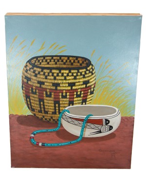 $350 Navajo Certified Authentic Painted by Acrylic Basket Native American Painting  10802-3