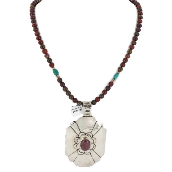 Certified Authentic .925 Sterling Silver and Nickel Handmade Navajo Natural Turquoise Charoite Agate Native American Necklace 13130-3-18207