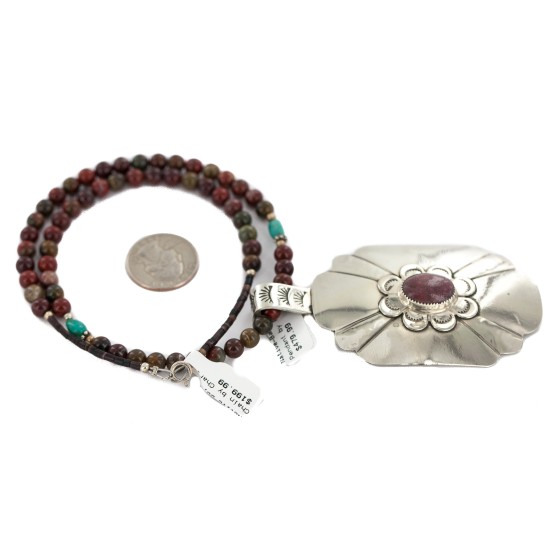 Certified Authentic .925 Sterling Silver and Nickel Handmade Navajo Natural Turquoise Charoite Agate Native American Necklace 13130-3-18207