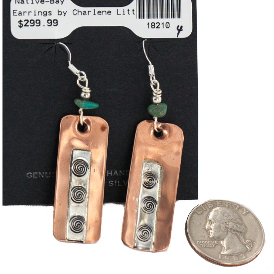 Certified Authentic Handmade Maze .925 Sterling Silver Hooks Navajo Natural Turquoise Native American Pure Copper Dangle Earrings 18210-4