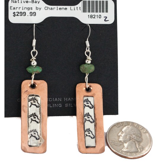 Certified Authentic Handmade .925 Sterling Silver Hooks Navajo Horse Natural Turquoise Native American Pure Copper Dangle Earrings 18210-2