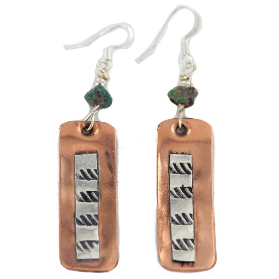 Certified Authentic .925 Sterling Silver Hooks Navajo Handmade Natural Turquoise Native American Pure Copper Dangle Earrings 18210-6