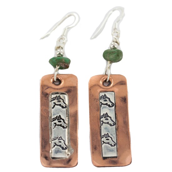 Certified Authentic Handmade .925 Sterling Silver Hooks Navajo Horse Natural Turquoise Native American Pure Copper Dangle Earrings 18210-2