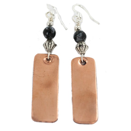 Certified Authentic Handmade Navajo Natural Snowflakes Obsidian Native American Pure Copper Dangle Earrings 18211-4
