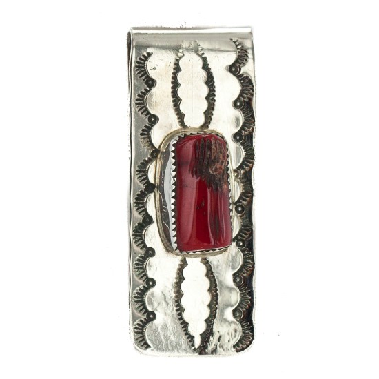 Navajo Handmade Certified Authentic .925 Sterling Silver Coral Native American Nickel Money Clip 10533-5