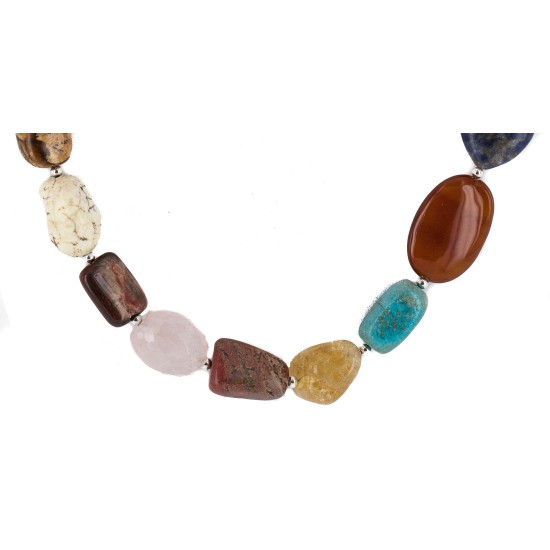 Certified Authentic Navajo .925 Sterling Silver Natural Jade Carnelian Red Jasper Quartz Amethyst Lapis Native American Necklace  750198-7