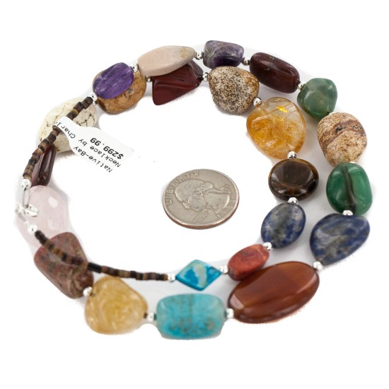 Certified Authentic Navajo .925 Sterling Silver Natural Jade Carnelian Red Jasper Quartz Amethyst Lapis Native American Necklace  750198-7