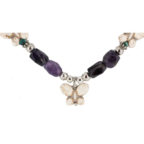 Certified Authentic Butterfly Navajo .925 Sterling Silver Natural Turquoise Amethyst Wood Native American Necklace  750198-8