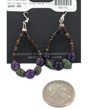 Certified Authentic .925 Sterling Silver Hooks Natural Turquoise Heishi Purple Quartz Hoop Native American Dangle Earrings 18215