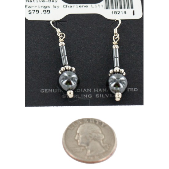 Certified Authentic .925 Sterling Silver Hooks Natural Hematite Native American Dangle Earrings 18214-1