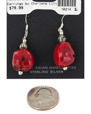 Certified Authentic .925 Sterling Silver Hooks Coral Native American Dangle Earrings 18214-2