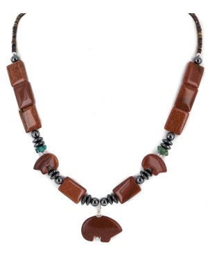 Bear Certified Authentic Navajo .925 Sterling Silver Natural Turquoise Goldstone Hematite Native American Necklace 750199-8