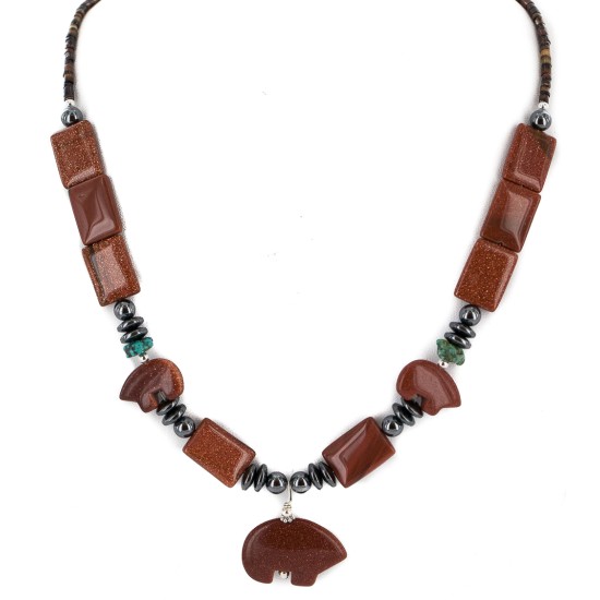 Bear Certified Authentic Navajo .925 Sterling Silver Natural Turquoise Goldstone Hematite Native American Necklace 750199-8