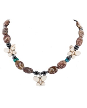 Certified Authentic Butterfly Navajo .925 Sterling Silver Natural Turquoise Jasper Hematite Wood Native American Necklace 750199-9