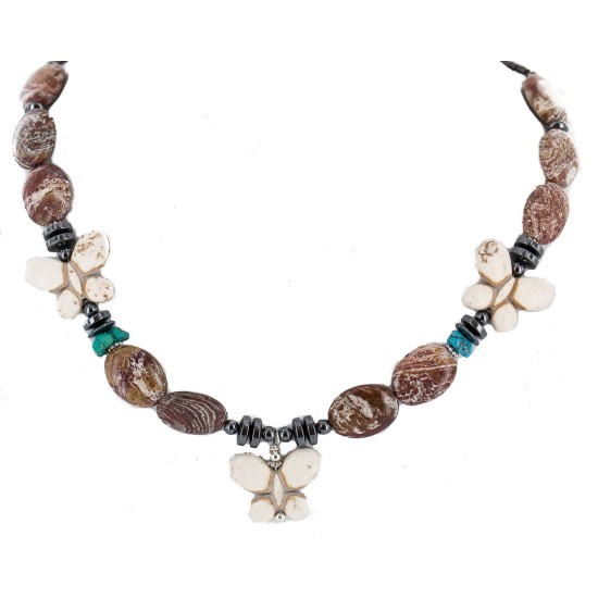 Certified Authentic Butterfly Navajo .925 Sterling Silver Natural Turquoise Jasper Hematite Wood Native American Necklace 750199-9