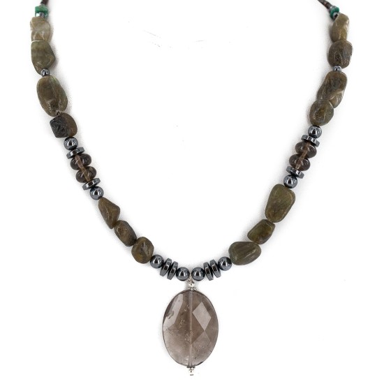 Certified Authentic Navajo .925 Sterling Silver Natural Agate Smoky Quartz Hematite Native American Necklace 750198-9