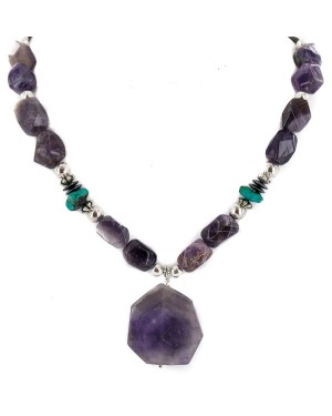 Certified Authentic Navajo .925 Sterling Silver Natural Amethyst Turquoise Hematite Native American Necklace 750198-6