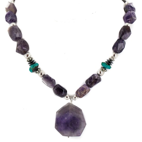 Certified Authentic Navajo .925 Sterling Silver Natural Amethyst Turquoise Hematite Native American Necklace 750198-6