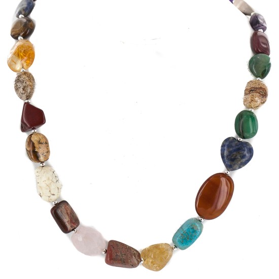 Certified Authentic Navajo .925 Sterling Silver Natural Jade Carnelian Red Jasper Quartz Amethyst Lapis Native American Necklace  750198-7