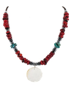 Certified Authentic Navajo .925 Sterling Silver Natural Turquoise Coral Hematite Native American Necklace 750199-4