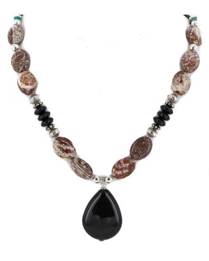 Certified Authentic Navajo .925 Sterling Silver Natural Turquoise Jasper Black Onyx Native American Necklace  750199-5