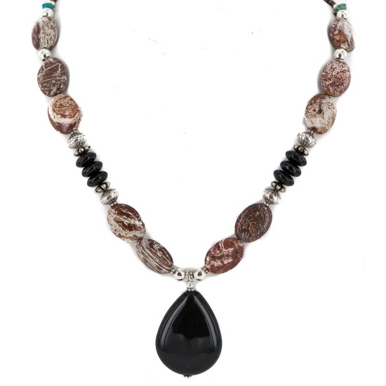 Certified Authentic Navajo .925 Sterling Silver Natural Turquoise Jasper Black Onyx Native American Necklace  750199-5