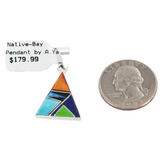Navajo Triangle Certified Authentic .925 Sterling Silver Natural Multicolor Real Handmade Native American Inlaid Pendant 24491-8