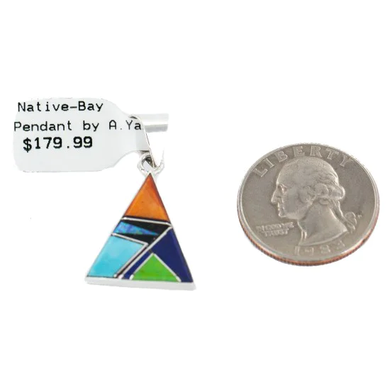 Navajo Triangle .925 Sterling Silver Natural Multicolor Real Handmade Native American Inlaid Pendant 24491-8 Navajo Triangle .925 Sterling Silver Natural Multicolor Real Handmade Native American Inlaid Pendant 24491-8