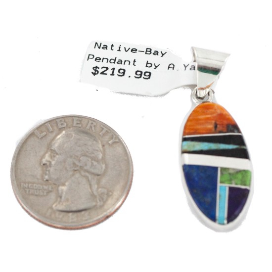 Navajo Oval Certified Authentic .925 Sterling Silver Natural Multicolor Real Handmade Native American Inlaid Pendant 24490-2