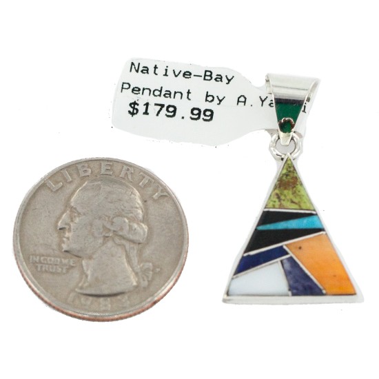 .925 Sterling Silver Certified Authentic Triangle Navajo Natural Multicolor Real Handmade Native American Inlaid Pendant 24491-16