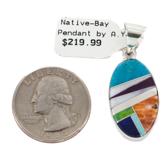 Oval Navajo Certified Authentic .925 Sterling Silver Natural Multicolor Real Handmade Native American Inlaid Pendant 24490-1